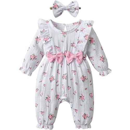 Newborn Baby Girls Romper Infant Long Sleeve One-Piece Ruffle Floral Jumpsuit with Headband Outfit Set