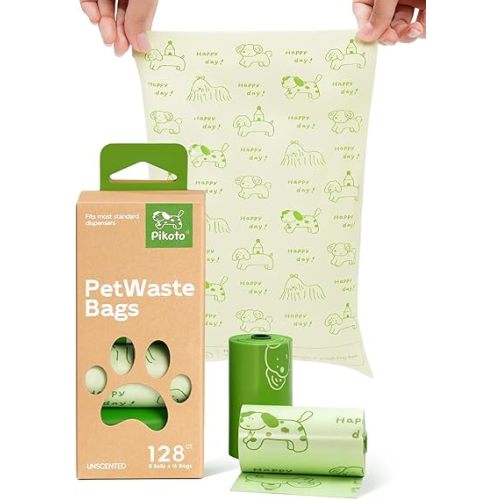 Green Dog Poop Bags - 128 Count, 60% Recycled Plastic Unscented Dog Poop Bags - Easy-Peel Sticker, Leak-Proof, Extra Strong & Thick - Perfect for Diapers, Cat Litter (8 Rolls)