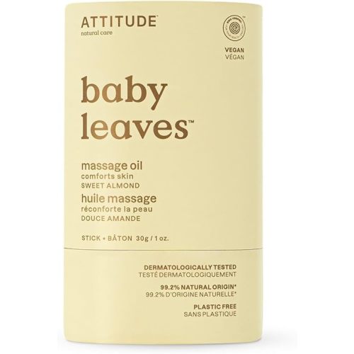ATTITUDE Plastic-Free Massage Oil Bar for Baby, EWG Verified, Dermatologically Tested, Made with Naturally Derived Ingredients, Vegan, Sweet Almond, 1 Ounce