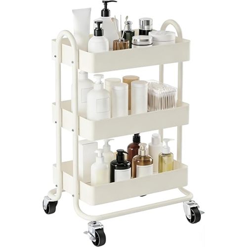 3 Tier Metal Rolling Cart, Utility Storage Cart Shelf Organizer with Wheels for Home & Office, Cream