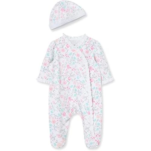Little Me Clothes for Baby Girls 100% Cotton Scratch-Free Tag Footed One-Piece Romper and Hat Sleeper Set Preemie to 9 Months