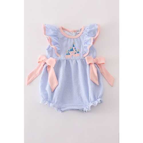 Abby & Evie Girl&#39;s Pink Blue Bow Seersucker Princess Castle Embroidered Embroidery Bubble Romper Outfit Summer Vacation Sibling Matching