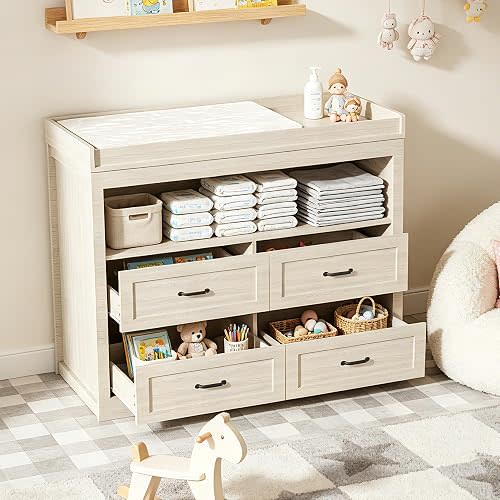 Diaper Changing Station 47.2 inches with 4 Drawers and 1 Open Shelf Changing Table Dresser with LED Light Baby Classic Nursery Dresser for Children's Room Beige