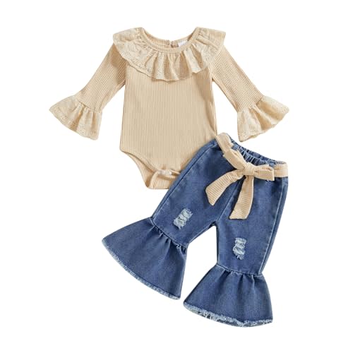 Covvoliy Infant Baby Girls Long Sleeve Lace Solid Romper Flare Denim Jeans Pants Headband Newborn Cute 3Pcs Fall Outfits