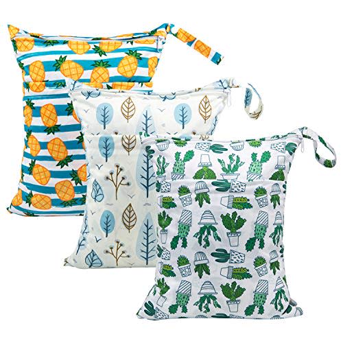babygoal Wet Dry Bags for Baby Cloth Diapers, Washable Travel Bags, Beach, Pool, Gym Bag for Swimsuits & Wet Clothes with Two Zippered Pockets 3 Pack, 3LN05