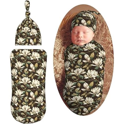 Magnolia Flowers Branches and Leaves Newborn Swaddle Blankets Hat Sets Soft Baby Receiving Blanket Swaddle Sack for Baby Shower Infant Boy Girl Gift