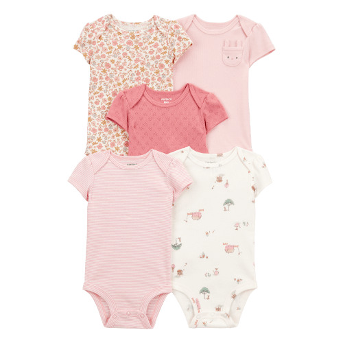 5-Pack Floral Bunny Short-Sleeve Cotton Bodysuits - Pink