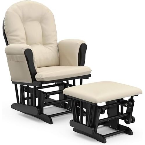 Storkcraft Premium Hoop Glider and Ottoman (Black Base, Beige Cushion) – Padded Cushions with Storage Pocket, Smooth Rocking Motion, Easy to Assemble, Solid Hardwood Base