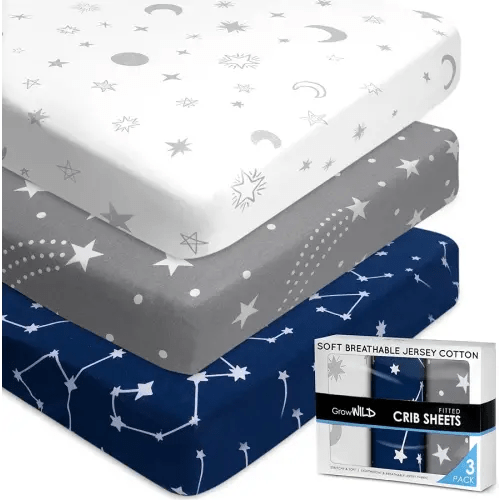 GROW WILD Crib Sheets for Boys or Girls | 3 Pack Soft Stretchy Jersey Cotton Fitted Crib Sheet Neutral | Grey White Navy Blue Baby Crib Sheets for Girl, Crib Mattress Sheet or Toddler Bed Sheets
