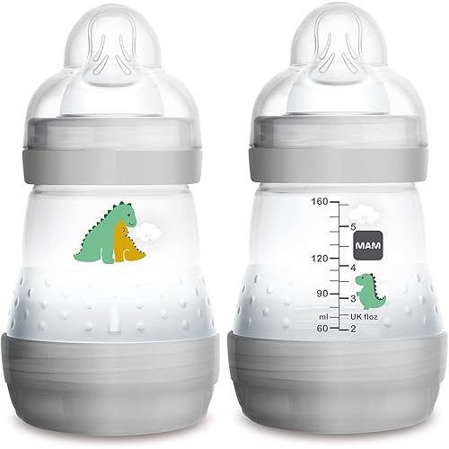 MAM Easy Start Anti-Colic Newborn Essentials, Slow Flow Bottles with Silicone Nipple, Unisex, Designs / color May Vary, 5 Oz, 2 Count (Pack of 1)