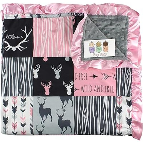 Baby Blanket - Minky, Deer, Arrows and Antlers, Pink with Gray and Black, with Pink Ruffles