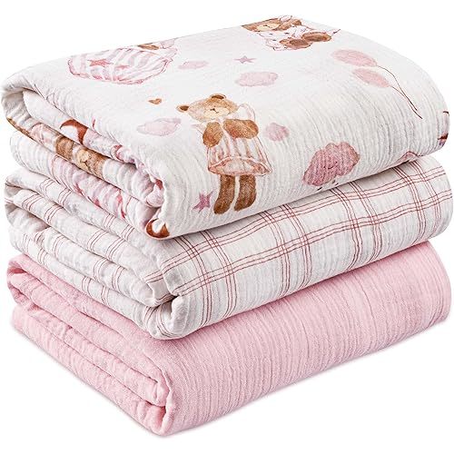 GLLQUEN BABY Muslin Swaddle Blankets,3-Pack Receiving Blanket for Newborn Boys and Girls,Baby Swaddle Blanket Unisex,Little Bear,Baby Essentials, Registry & Gift, 40 x 38 inches