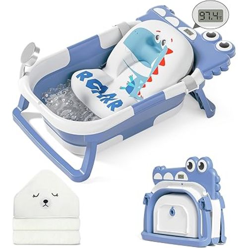 MoreFeel Collapsible Baby Bathtub for Newborn with Thermometer & 1 Hooded Towel & 1 Soft Floating Cushion,Portable Travel Bathtub with Drain Hole, Durable Foldable Baby Tubs for Infants to Toddler