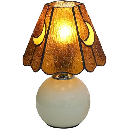 Mushroom Moon Lamp, Tiffany Stained Glass Lamp, Orange Water Ripple Small Bedside Nightstand Table Lamps for Bedroom, Living Room, Dining Room, Kitchen, Kids, Mursery, Bathroom, Home Office