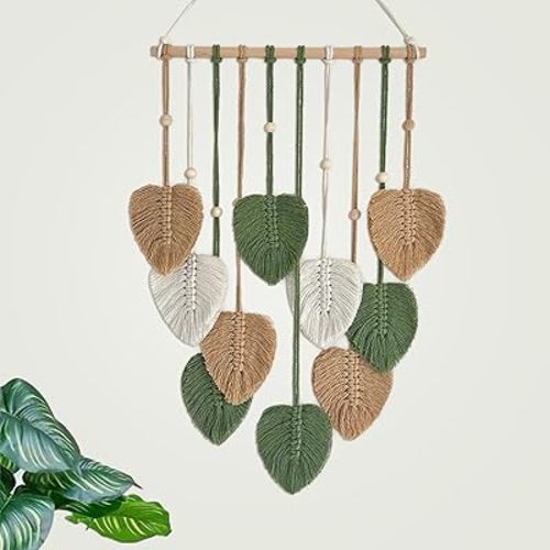 TUDRUKU Macrame Wall Hanging Nursery Decor Leaves Woven Tapestry Feather Handmade Yarn Tassels Boho Wall Decor Leaves Art Decorations for Nursery Bedroom Living Room Apartment Home Backdrop (Green)