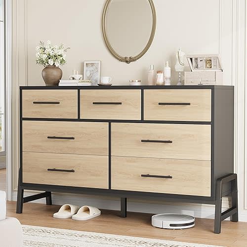 GarveeHome 7 Dresser for Bedroom, Freestanding 52" Wide Drawer Dresser with Storage, Wooden Closet Storage Chest for Living Room, Bedroom, Entryway, Natural Oak+Black