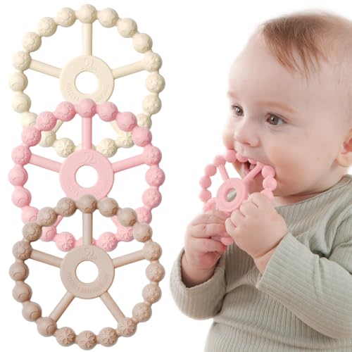 3 Pack Ring Teether Baby Infant Toys, Silicone Teething Ring Toys for Babies 0-6 Months, Seposeve Baby Teethers 6-12 Months 12-24 Months, Easy to Grasp Toy, Baby Teething Relief, White Pink Coffee