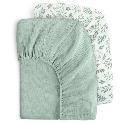 Yoofoss Muslin Crib Sheets for Boys Girls 100% Cotton Fitted Baby Crib Sheet 2 Pack Soft and Breathable for Standard Crib Mattress & Toddler Mattress 52"x28" Leaves&Green - Leaves&green