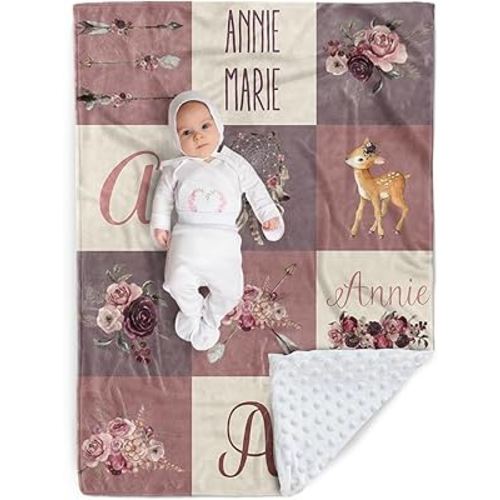 Personalized Baby Blanket - Custom Name Plaid Blankets with Deer Design - Soft Plush Flannel Blanket with Double Layer Dotted Backing for Boys Girls Gift Color06