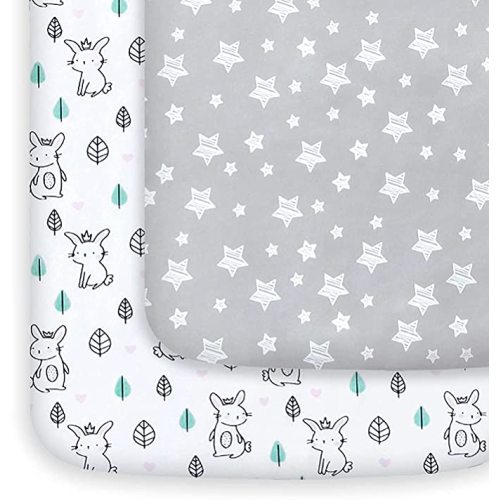 Mini Crib Sheets, 2 Pack Pack and Play Sheets, Stretchy Pack n Play Playard Fitted Sheet, Compatible with Graco Pack n Play, Soft and Breathable Material,Stars & Bunny