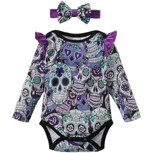 LYSMuch Newborn Baby Girl Outfits Skull Print Baby Jumpsuit Halloween Long Sleeve