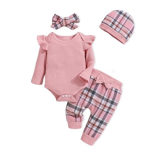 Doresbebe Baby Girl Clothes Infant Girl Newborn Outfit Romper Fall Winter Pants Set Cute Hat Headband for Baby Girls