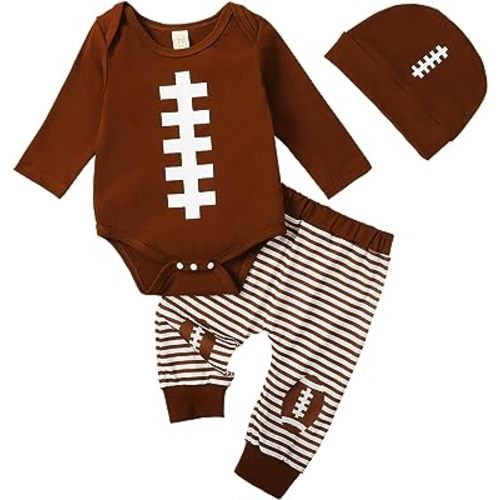 BULINGNA Infant Baby Boy Football Outfits Long Sleeve Bodysuit Romper Striped Pants with Hat Fall Clothes Set