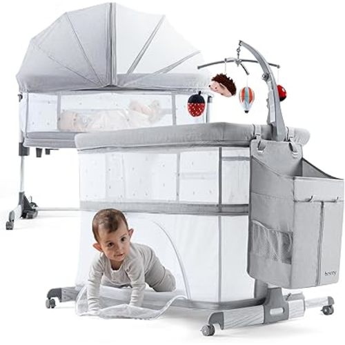 besrey 5 in 1 Baby Bassinet Bedside Sleeper, Playpen with Bassinet & Baby Cradle, Adjustable Bedside Crib for Newborn Infant with Mobile Toy Hanger, Hanging Diaper Bag, Mosquito Net, Mattress