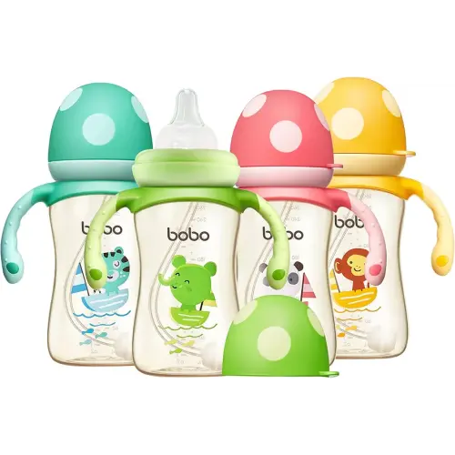 Natural PPSU Baby Bottle with Natural Response Nipple, Newborn Anti-Colic Baby Bottles with Handle, Wide Neck Mushroom Cap Baby Bottle (8.8oz (Pack of 4), Multicolour)