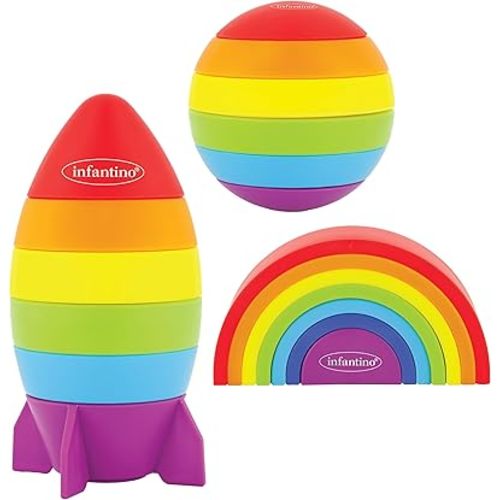 Infantino Imagination Stackers Playset, Rainbow Stacker, Rocket Stacker, Ball Stacker for Babies 12M+, 3-Style Set, 19 Pieces