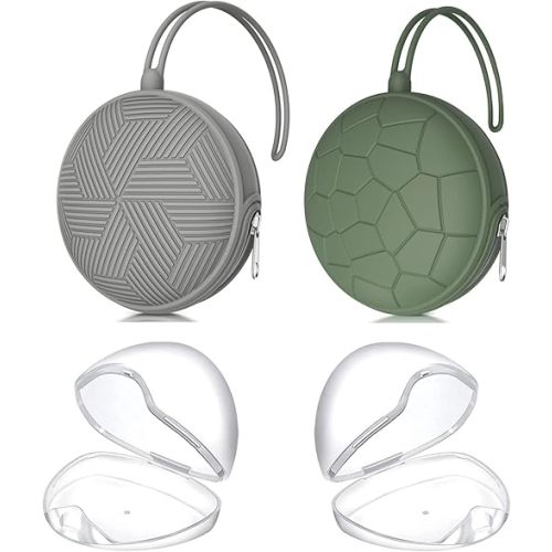 Smlpuame 4 Pack Pacifier Holder Case Set,2 Silicone Portable Pacifier Cover Pouch Bag for Diaper Bags Baby Carriage with 2 Transparent Pacifier Storage Container Box,Easy to Clean,(Green & Grey)