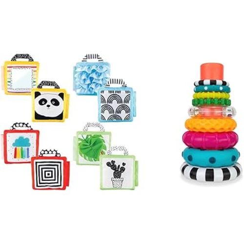 Sassy Reversible Soft Sensory Activity Panels, 4Count, Ages 0+ & Stacks of Circles Stacking Ring STEM Learning Toy, Age 6+ Months, Multi, 9 Piece Set