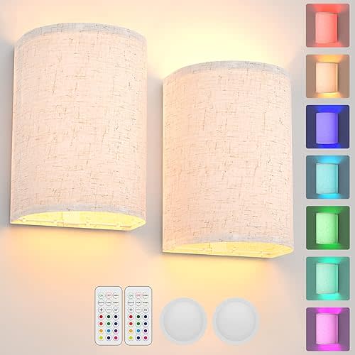 Battery Operated Wall Sconce Magnetic Wireless Lamp RGB Colors Dimmable with Fabric Linen Shade and Remote, Lighting Decor Set of 2 for Bedroom Living Room Hallway