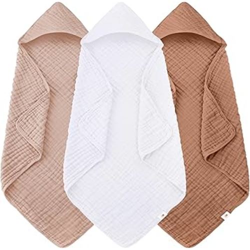 Sunny zzzZZ Muslin Hooded Baby Bath Towels - 3 Pack 100% Cotton Soft Low-Saturation Pastel Towels Including Classic White for Newborns, Infants, Toddlers - 32x32 Inch - Light Bean Paste and White