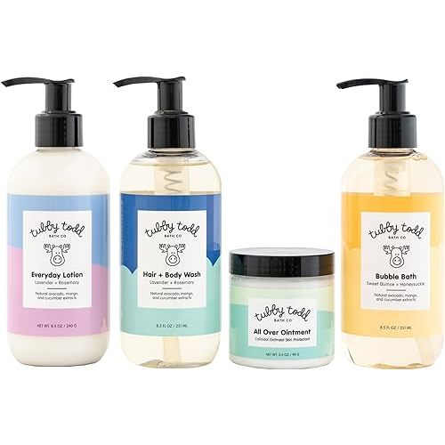 Tubby Todd Sensitive Skincare Baby Bath Kit - Baby Shampoo and Body Wash, Lotion, All Over Ointment & Bubble Bath - The Essentials Baby Bath Gift Set - Standard Size Lavender Rosemary