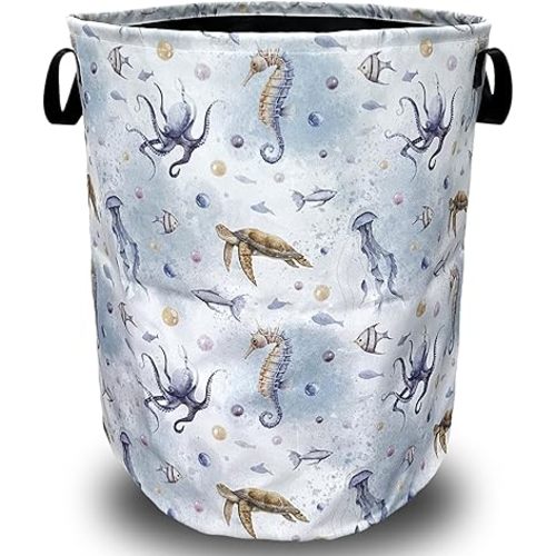 Colorful Octopus Seahorse Laundry Basket Foldable With Handles Tote Bag Oxford Cloth Funny Laundry Hamper Clothes Storage Bucket Toy Organizer 18.9" x 16.5" For Bathroom/Laundry/Bedroom