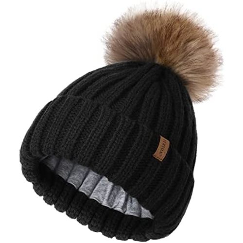 Furtalk Kids Winter Hat Toddler Knitted Pom Beanie Hat Cotton Lined Faux Fur Pom Cap Baby Girls Boys Beanies
