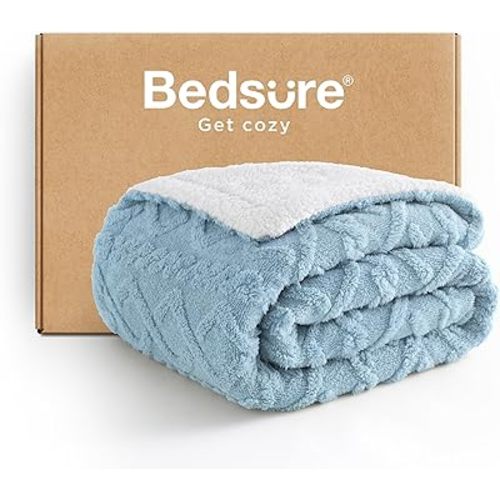 Bedsure Sherpa Fleece Blanket Twin Size for Bed - Soft Fluffy & Cozy Cable Jacquard Tufted Blankets for Women Gift, Thick Warm Blankets for Winter and All Seasons, Blue, 60x80 Inches