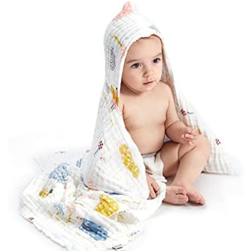 bc babycare Baby Bath Towel,100% Cotton Muslin Infant Bath Towels, Super Absorbent Hooded Bath Towels for Babies, 37.4*37.4 Inch