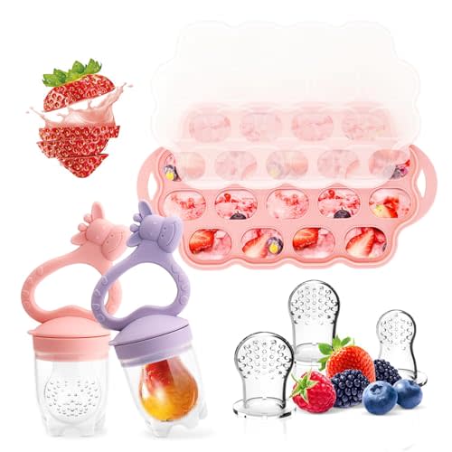 Baby Fruit Food Feeder Breastmilk Popsicle Molds for Teething Relief, Introduce New Foods, Silicone Freezer Tray with Lid, includes 6 Food Pacifiers (Pink & Purple)