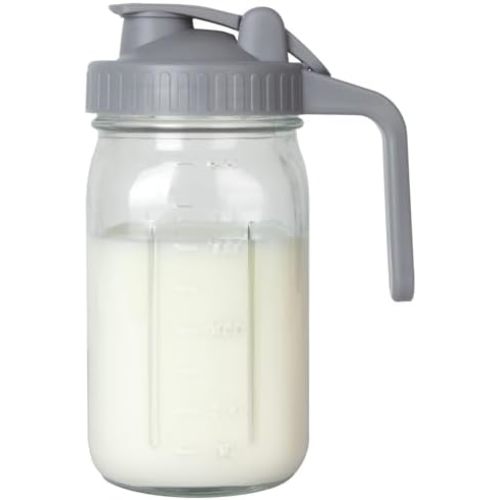 Breast Milk Pitcher, Mason Jar 32 oz, Heavy Duty Wide Mouth Jar with Flip Cap Lid and Pour Spout - Airtight Seal for Freshness and Convenience - Great for Cold Beverages, and Home Entertaining Gray 32