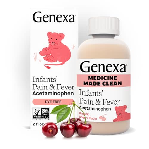 Genexa Infants’ Clean Pain & Fever Acetaminophen, Dye Free, 0% Artificial Additives, Delicious Organic Cherry Flavor, Liquid Oral Suspension Medicine for Baby, 160 mg per 5mL, 2 fl oz