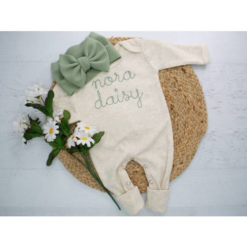Personalized baby girl oatmeal and Sage green vintage stitch romper with headband, Newborn takehome outfit, Embroidered coming home outfit