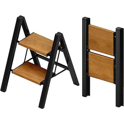 Taranta 2 Step Ladder,Aluminum Lightweight Folding 2 Step Stool with Anti-Slip Wide Pedal, 330lbs Capacity Step Ladder for Household,Kitchen,Office - BlackWoodgrain