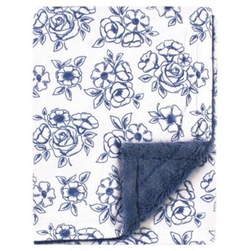 Hudson Baby Infant Girl Plush Blanket with Furry Binding and Back, Blue Toile, One Size