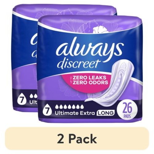 (2 pack) Always Discreet Adult Incontinence Pads for Women, Ultimate Extra Absorbency, Long Length, Postpartum Pads, 26 CT
