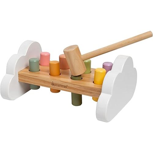 Pearhead Montessori Hammer Bench Toy, Pounding and Hammering Wooden Toy, Early Developmental Interactive Toddler Toy for Ages 1+ Years