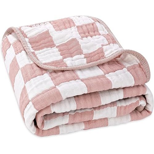 6-Layer Muslin Baby Blanket Made with Organic Cotton - Classic Neutral Checkered, Swaddle & Crib Quilt, 43”x43”, Dusty Pink Checkered, 1-Pack