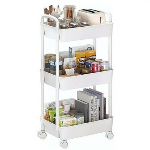 Cowin 3-Tier Rolling Storage Cart Shelves Rolling Utility Cart Organizer Cart Movable Storage Organizer Bathroom Kitchen Office Workshop White