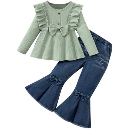 Toddler Girl Clothes Solid Color Ruffle Bowtie Top and Flare Pants Headband 3Pcs Winter Baby Girl Outfits